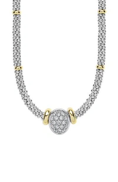 Lagos Signature Caviar Two-tone Oval Caviar Diamond Necklace In Metallic