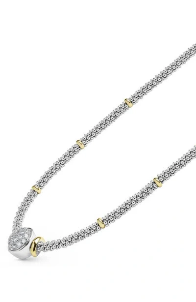 Lagos Signature Caviar Two-tone Oval Caviar Diamond Necklace In Metallic