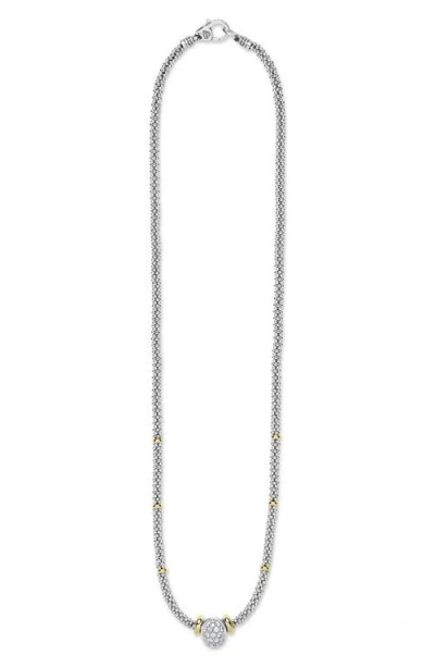 Lagos Signature Caviar Two-tone Oval Caviar Diamond Necklace In Metallic