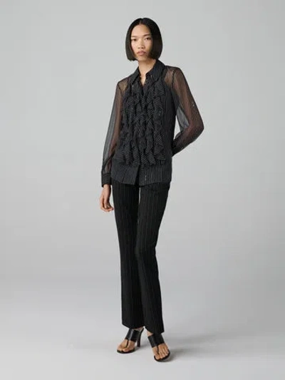 Diane Von Furstenberg Eva Sheer Pinstripe Script Ruffle Blouse In Black