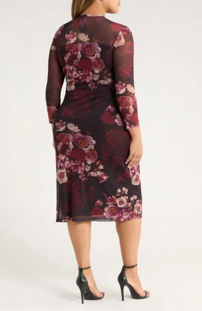 Anne Klein Plus Size Floral Mesh Side-ruched Midi Dress In Multi