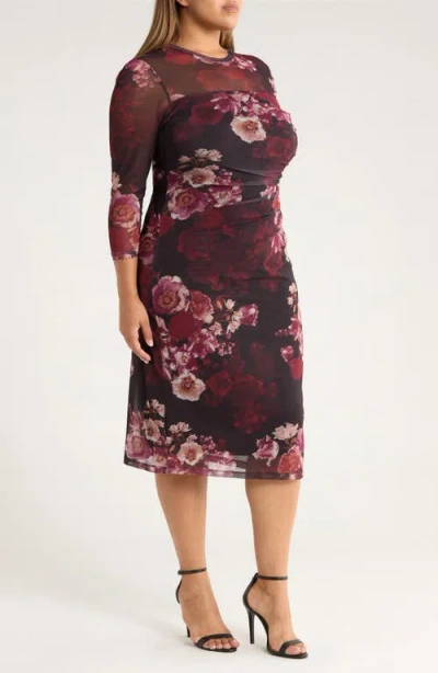 Anne Klein Plus Size Floral Mesh Side-ruched Midi Dress In Multi