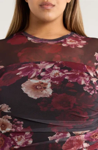 Anne Klein Plus Size Floral Mesh Side-ruched Midi Dress In Multi