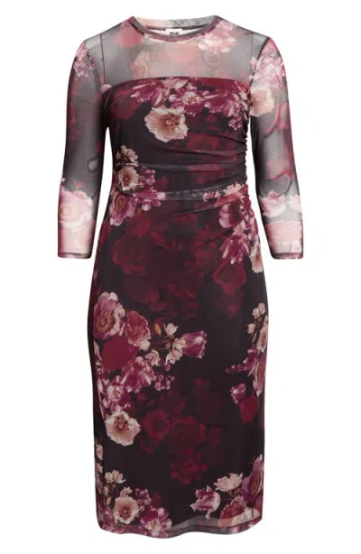 Anne Klein Plus Size Floral Mesh Side-ruched Midi Dress In Multi