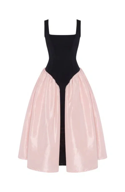 Milla Black Corset Dress On Straps With A Glossy Pink Midi Skirt In Multi