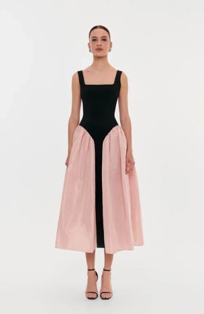 Milla Black Corset Dress On Straps With A Glossy Pink Midi Skirt In Multi