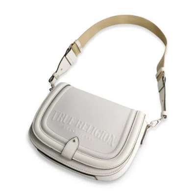 True Religion Distressed Logo Denim Saddle Bag In White