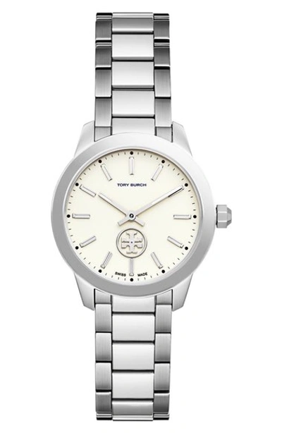Tory Burch 32mm Collins Stainless Steel Two-hand Bracelet Watch In White/silver