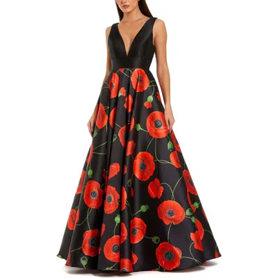Mac Duggal 56181 Ball Gown Long Formal Floral Print Prom Dress In Black