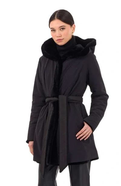 Gorski Shearling Lamb Hooded Stroller, Reversible To Taffeta, Belt In Black