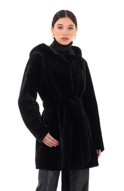 Gorski Shearling Lamb Hooded Stroller, Reversible To Taffeta, Belt In Black