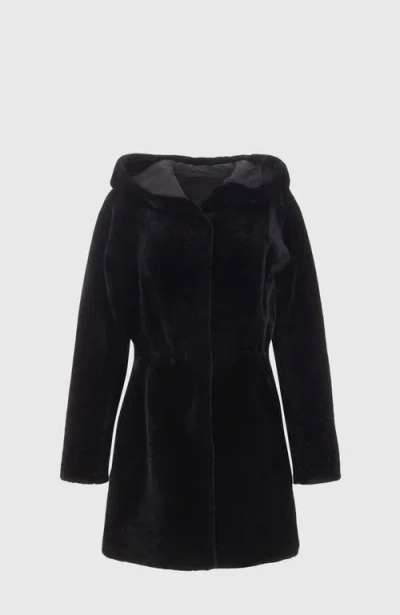 Gorski Shearling Lamb Hooded Stroller, Reversible To Taffeta, Belt In Black