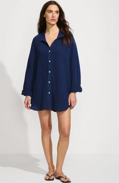 Lands' End Oversized Gauze Button Front Cover-up Shirt In Blue