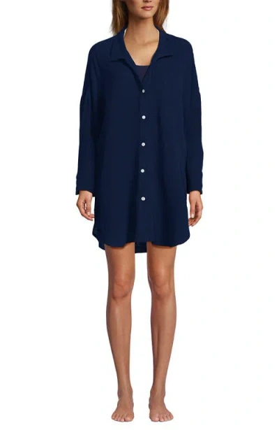 Lands' End Oversized Gauze Button Front Cover-up Shirt In Blue