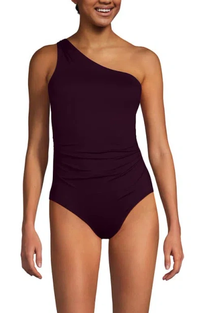 Lands' End Womens Chlorine Resistant Shirred One Shoulder One Piece Swimsuit Removable Adjustable St In Burgundy