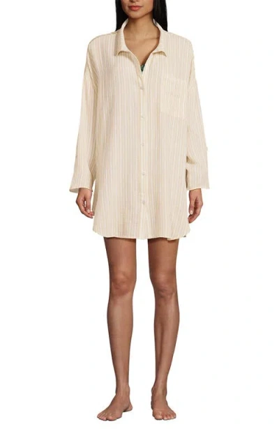 Lands' End Oversized Gauze Button Front Cover-up Shirt In Neutral