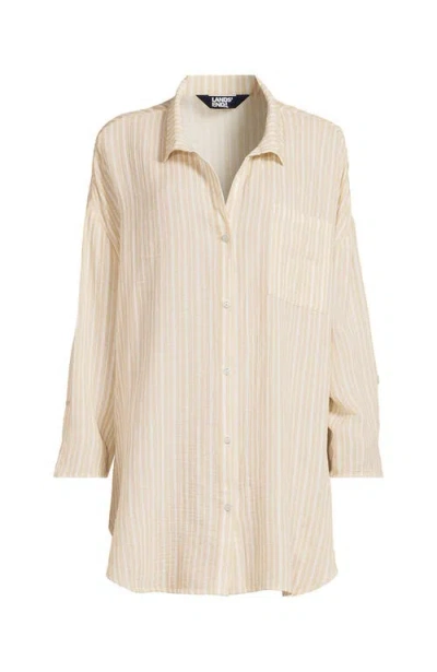 Lands' End Oversized Gauze Button Front Cover-up Shirt In Neutral