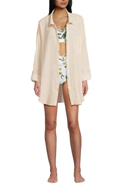 Lands' End Oversized Gauze Button Front Cover-up Shirt In Neutral