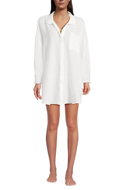 Lands' End Oversized Gauze Button Front Cover-up Shirt In Neutral