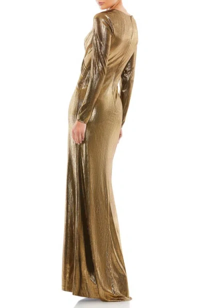 Mac Duggal Metallic Long Sleeve Asymmetrical Ruched Gown In Green