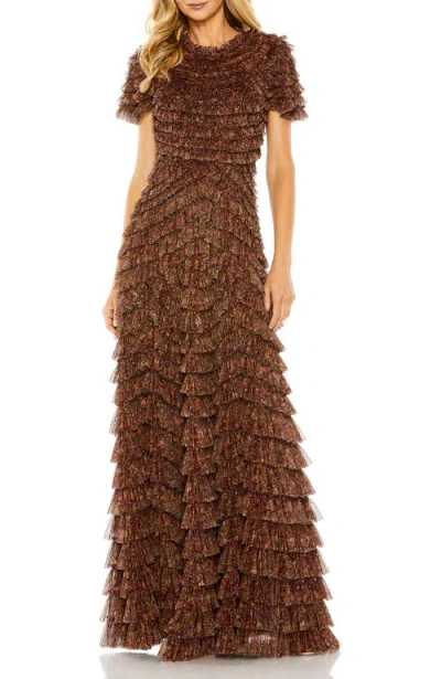 Mac Duggal 8042 Long Ruffle Tiered Short Sleeve Dress In Brown