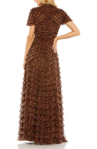 Mac Duggal 8042 Long Ruffle Tiered Short Sleeve Dress In Brown