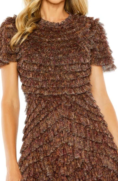 Mac Duggal 8042 Long Ruffle Tiered Short Sleeve Dress In Brown
