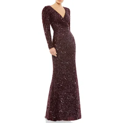 Mac Duggal Puff Shoulder Sequined Surplice Gown In Brown