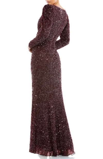 Mac Duggal Puff Shoulder Sequined Surplice Gown In Brown