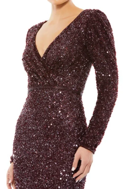 Mac Duggal Puff Shoulder Sequined Surplice Gown In Brown