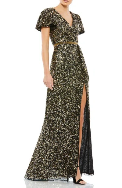 Mac Duggal Sequined Wrap Over Butterfly Sleeve Draped Gown In Multi