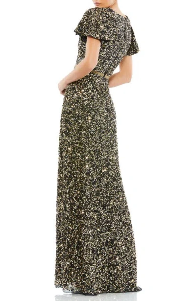 Mac Duggal Sequined Wrap Over Butterfly Sleeve Draped Gown In Multi
