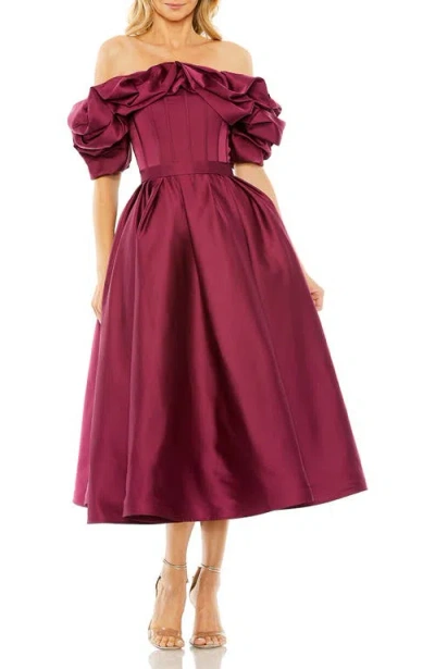 Mac Duggal Off The Shoulder Tea Length Gown In Red