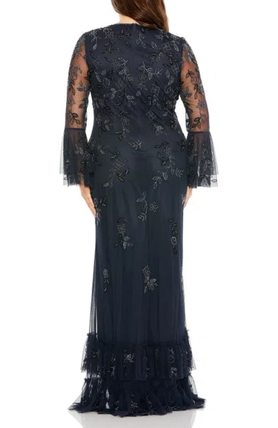 Mac Duggal V Neck Embellished Flutter Tiered Long Sleeve Gown In Blue