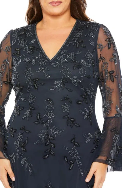 Mac Duggal V Neck Embellished Flutter Tiered Long Sleeve Gown In Blue