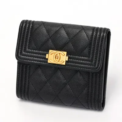 Pre-owned Chanel Black Grained Calfskin Wallet (tri-fold) ()