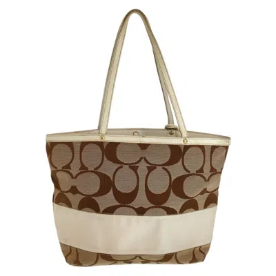 Pre-owned Coach Beige Brown White Canvas Leather Shoulder Bag Tote Bag ()