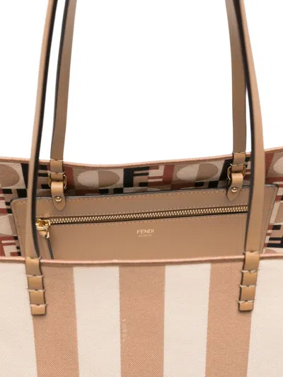 Fendi Pequin Striped And Ff Fabric Roll Large Reversible Shopper In Neutral