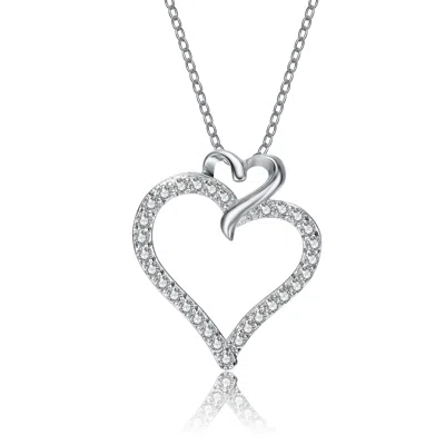 Genevive Jewelry Women's White / Silver Sterling Silver White Gold Plated With Clear Cubic Zirconia Double Heart Pend In Multi