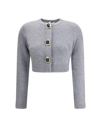 Self-portrait Cropped Gray Sweater With Decorative Buttons In Multi
