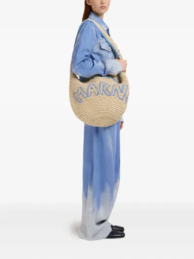 Marni Nassa Hobo Shoulder Bag In Natural And Blue Raffia