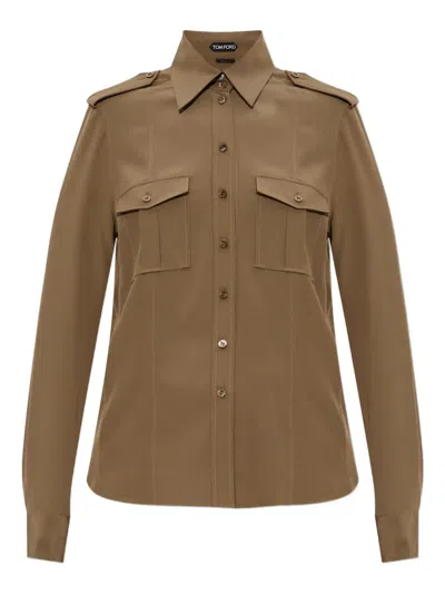 Tom Ford Silk Shirt With Shoulder Pads And Pockets In Green