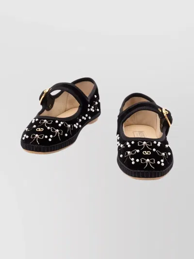 Valentino Signature Vlogo Ballerina Shoes In Velvet In Black