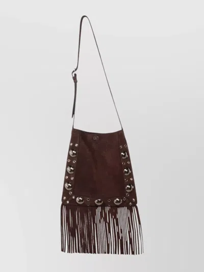 Valentino Garavani Fringed Suede Shoulder Bag With Adjustable Strap In Brown