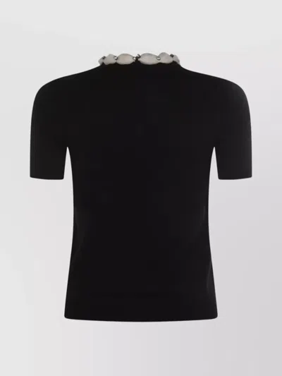 Valentino Embellished Neckline Fitted Short Sleeve Knitwear In Black