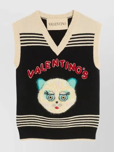 Valentino Cat Motif Wool Sleeveless Vest In Blue