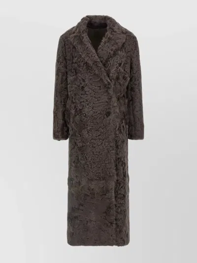 Brunello Cucinelli Long Faux Fur Coat With Notched Lapels In Gray