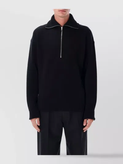 Lemaire Half Zip Sweater In Ribbed Virgin Wool In Black