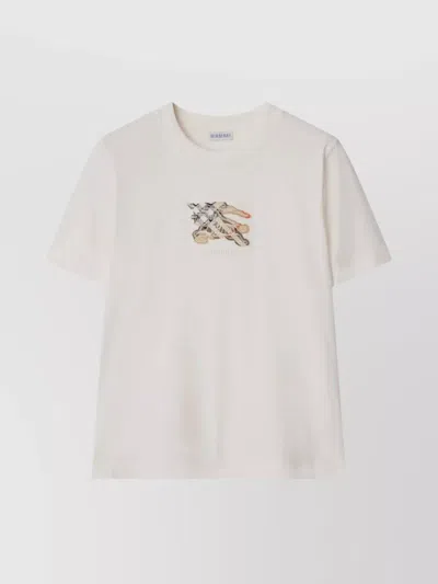 Burberry Ribbed Cotton T-shirt With Equestrian Motif And Logo Patch In White