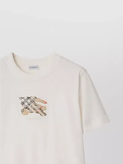 Burberry Ribbed Cotton T-shirt With Equestrian Motif And Logo Patch In White